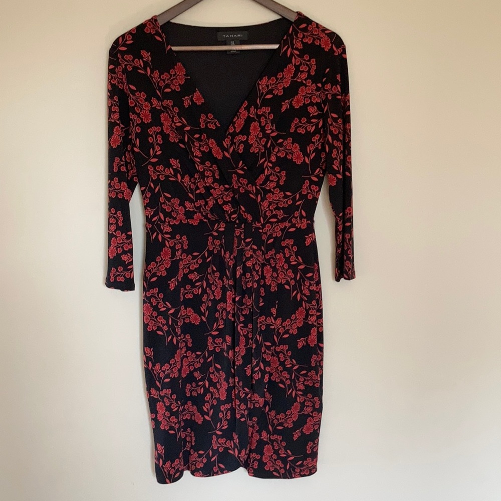 Tahari Faux Wrap Dress Black and Pink Floral